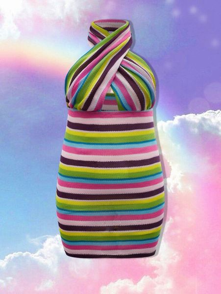

plus halter neck criss cross striped bodycon dress o84o#, Black