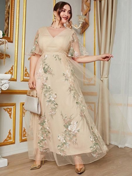 

plus floral embroidery mesh formal dress l7ob#, Black