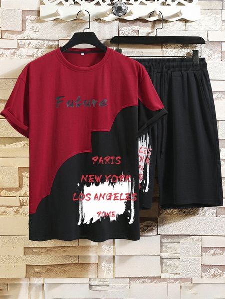 

men letter graphic tee & drawstring waist shorts s5q7#, Gray