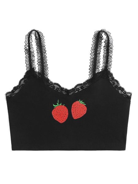 

x hanna dames strawberry print lace trim cami 23wn#, White