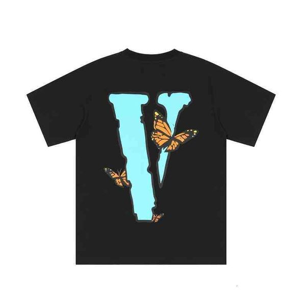 

trendy vlones blue butterfly print large v short sleeve t-shirt men and women loose hip hop half sleeve ijg9, White;black