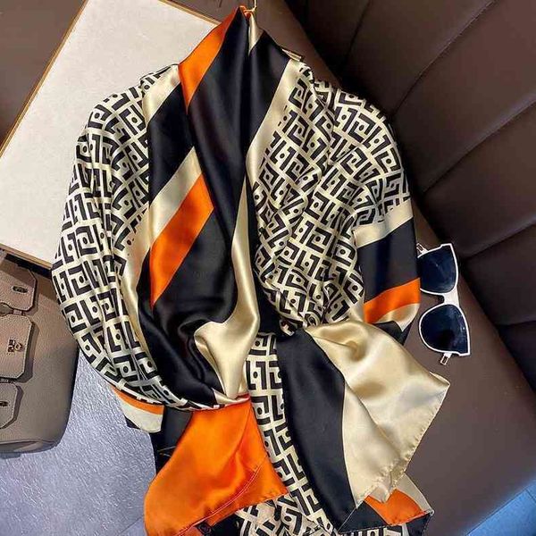 

q4tm summer new upscale fashion silky texture scarf female letter solid color mulberry sunscreen shawl high version category trendy, Blue;gray