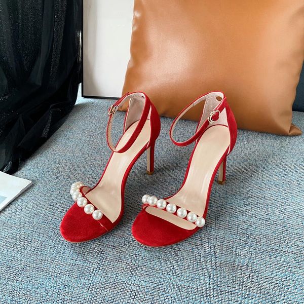 

women high-heeled sandal fashionable and simple temperament inlaid pearls genuine leather design sense baking paint heel, Black