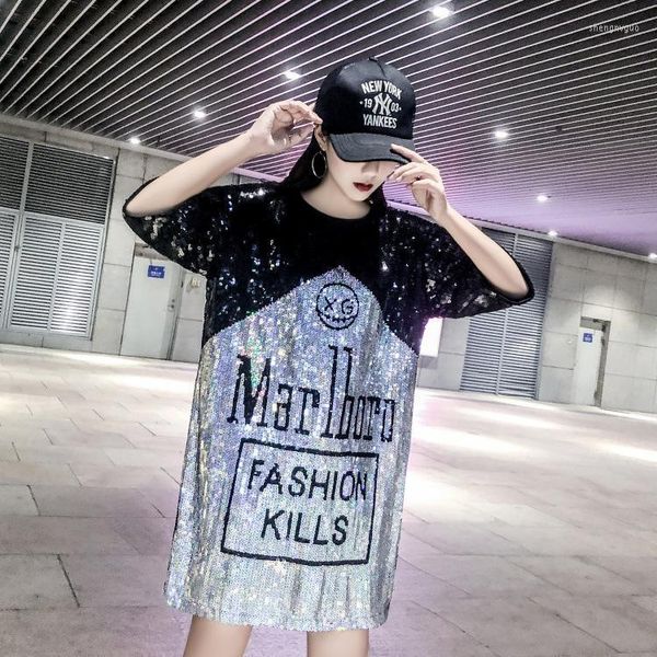 Kadın T-Shirt Tayland Gelgit Moda Yabancı Stil Sequined 2022 Yaz Sequin Gece Kulübü Kıyafet Gevşek Kısa kollu orta uzunlukta