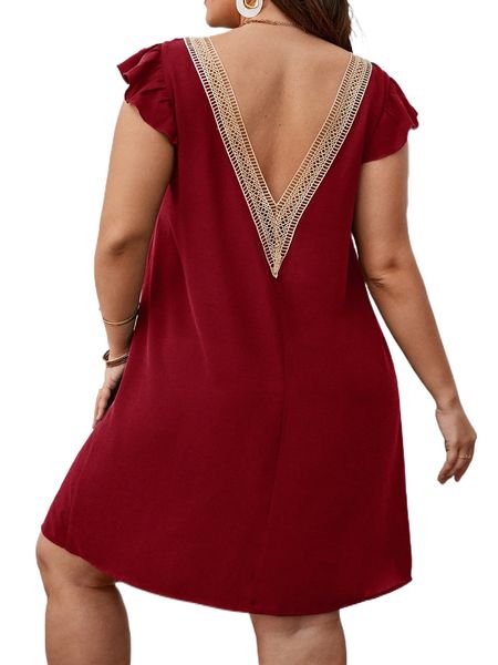 

plus contrast guipure lace v-back flutter sleeve tunic dress 08ru#, Black