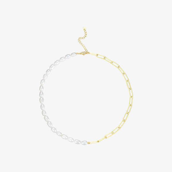 

pendant necklaces natural pearl link chain choker women gold color stainless steel lady fashion femme jewelry 220427, Silver