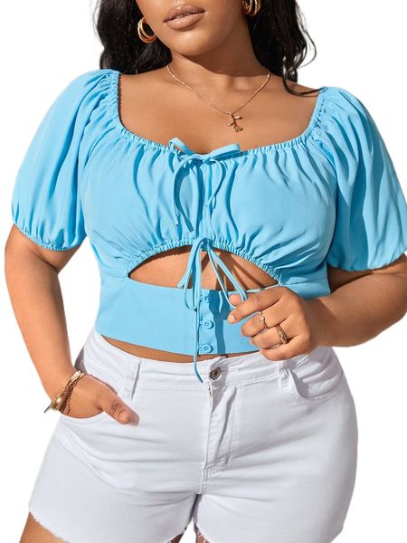 

sxy plus cut out tie front puff sleeve blouse m30d#, Black