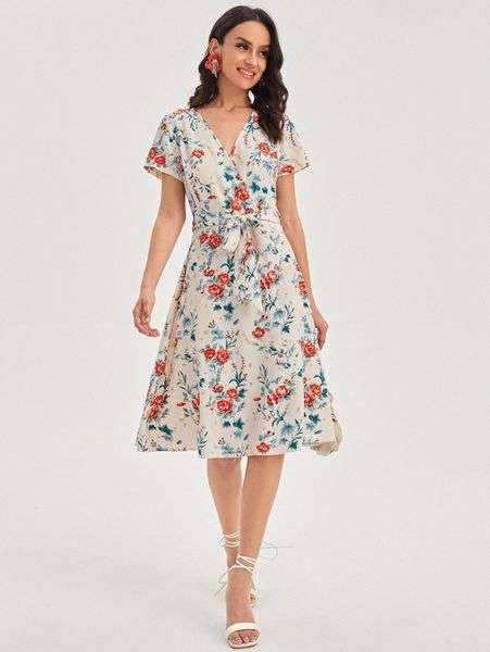 

floral print overlap collar belted dress t74q#, Black;gray