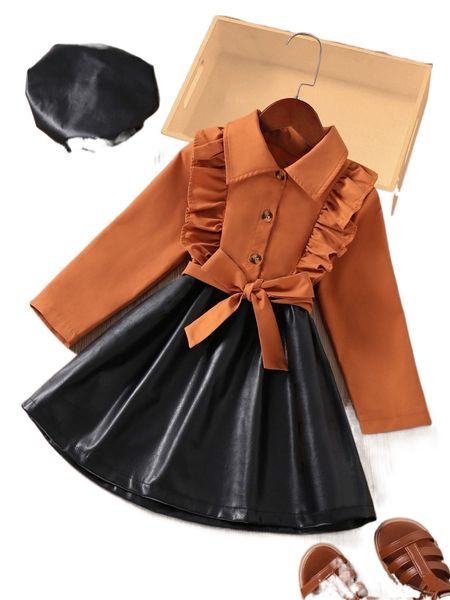 

toddler girls ruffle trim belted a-line dress v1i3#, Black;white