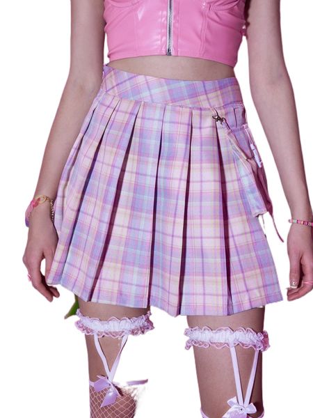 

romwe anime plaid pleated pocket skirt i1xs#, Black