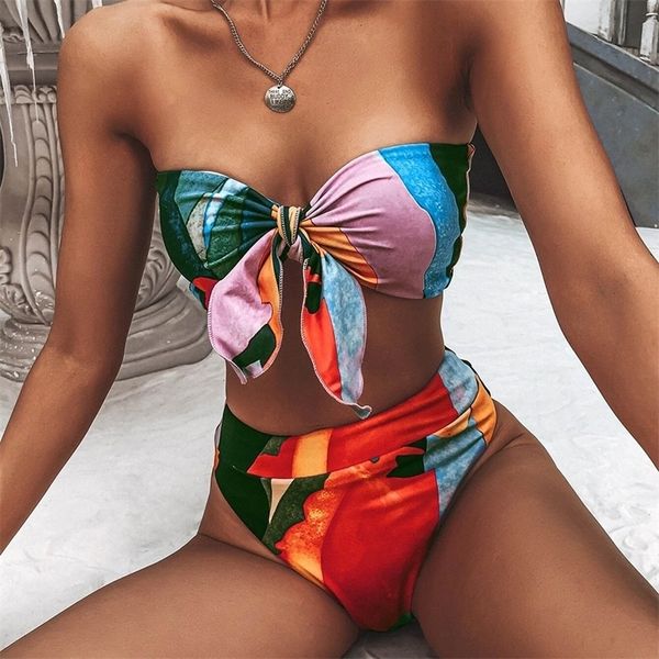 

bandeau bikini set bathing suit women high waist swimsuit female push up printed swimwear bowknot beach wear swim lady 220527, White;black