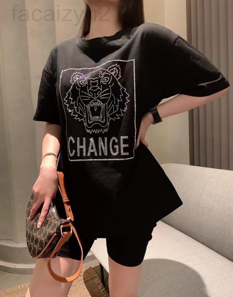 

women's t-shirt designer chaopai 22ss early spring new tiger head sticking diamond simple atmosphere loose black and white casual short