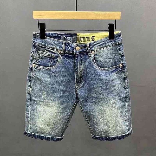 

trendy brand straight tube denim shorts men's elastic slim fit simple and versatile thin capris summer pants, Blue