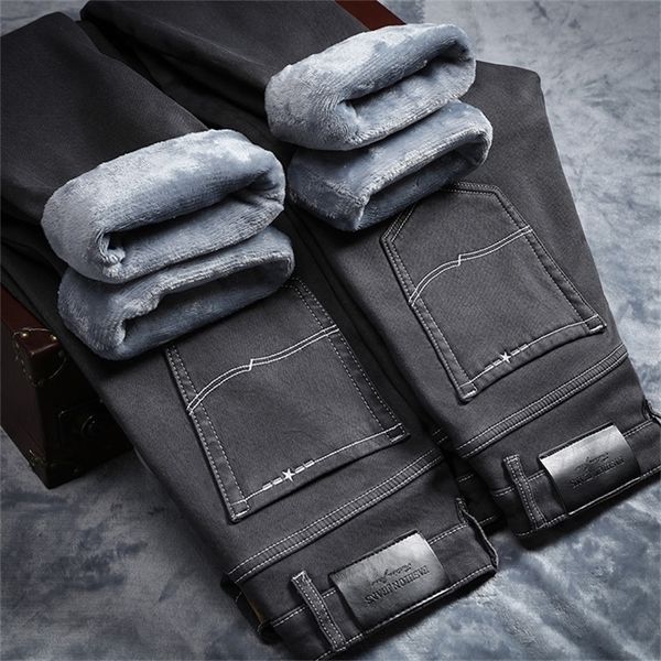 

for cold slim fit stretch thick velvet pants warm jeans casual grey fleece winter jeans men black elasticity grey jean 201128, Blue