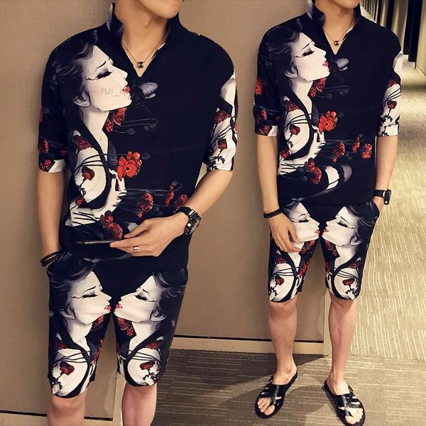 

fashion men's tracksuits face color print 2022 men shorts short-sleeved 2-piece casual street sportswear two-piece trainingspak heren, Gray