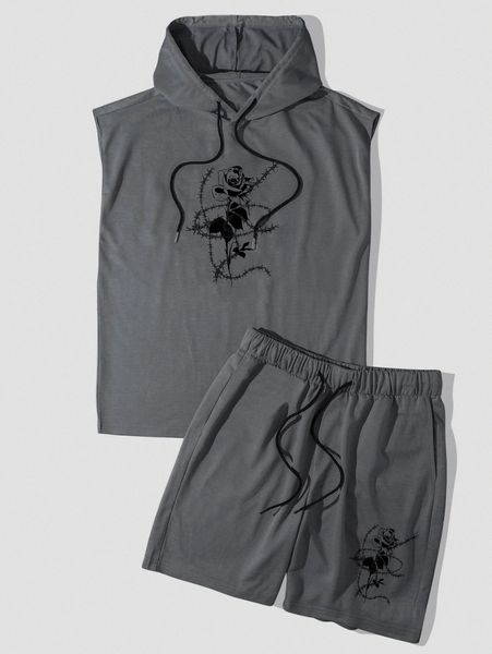 

men rose print drawstring hooded tank & shorts 25py#, Gray