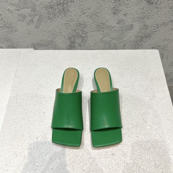 

summer kitten heel sandals women slippers square toe leather slides runway high heel brand dress shoes for woman flipflops, Black