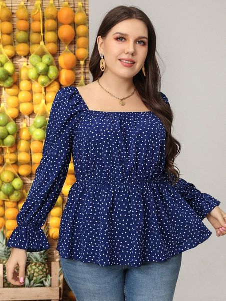

plus polka dot square neck flounce sleeve peplum blouse t69f#, Black