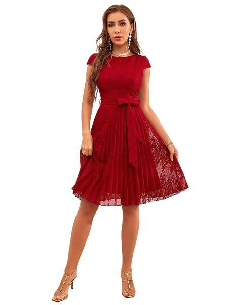 

belted floral lace pleated hem dress r0id#, Black;gray