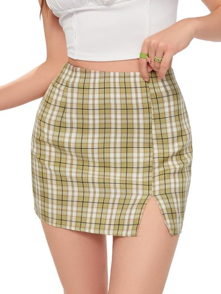 

mod high waist tartan print slit skirt t7ti#, Black