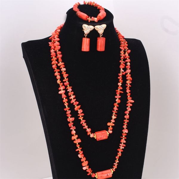 4ujewelry Traje Africano Nigéria Coral Beads Colar Conjunto de Jóias Conjunto de Jóias de Noiva Laranja 220726