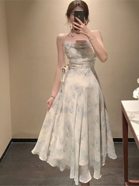 

summer party midi elegant dress women strap design high wasit vintage casual sleeveless chiffon sweet 220418, Black;gray