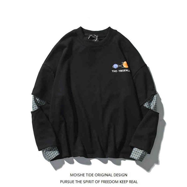 

moishe tide brand vintage plaid stitching fake two-piece sweater men's loose casual versatile couple, Black