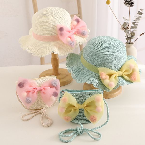 Fashion Baby Hat Summer Paglia Bow Baby Girl Cap Beach Bambini Cappello Panama Princess Baby Cappelli e borsa per bambini 2PC