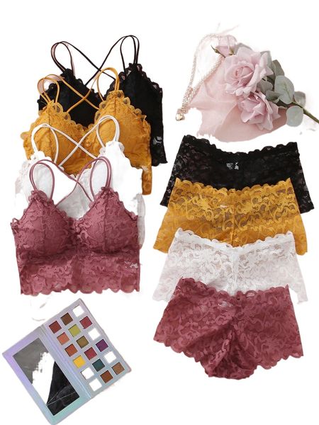 

4pack floral lace criss cross lingerie set f5xd#, Black;red