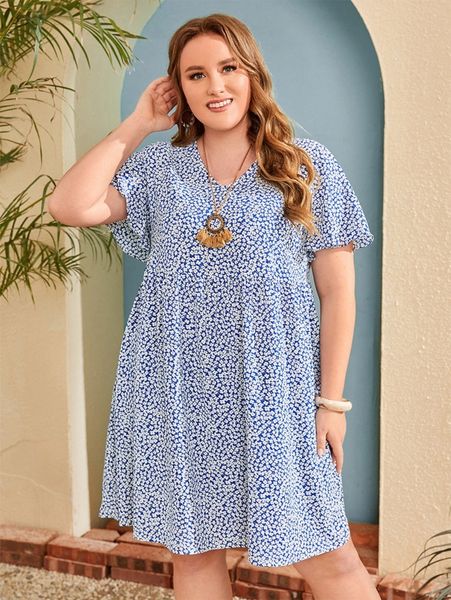 

emery rose plus ditsy floral flutter sleeve smock dress b59i#, Black