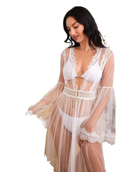 

eyelash lace trim flounce sleeve sheer robe without lingerie set d0mc#, Black;red