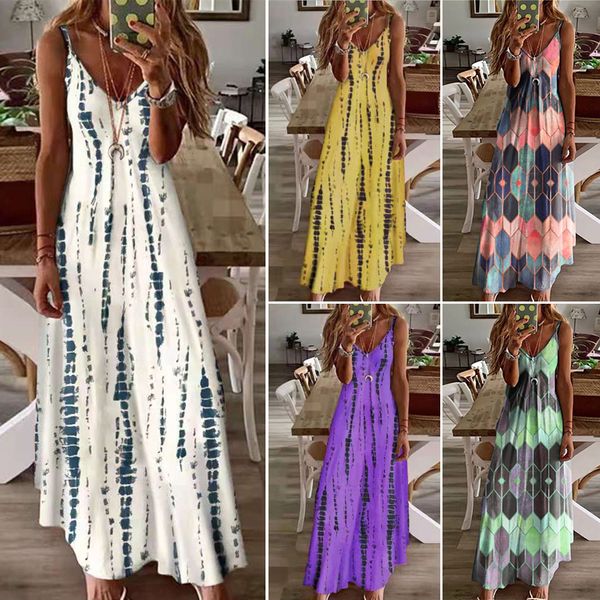 

women spaghetti strap maxi dresses summer vintage casual v neck sleeveless female camisole long party vestidos 220521, Black;gray