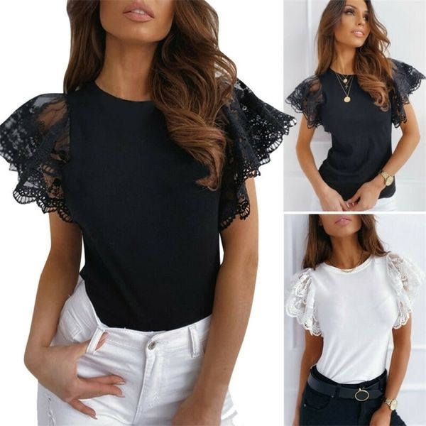 

womens oneshoulder lace patchwork bareneck stitching laceup sleeve tshirt 220615, White