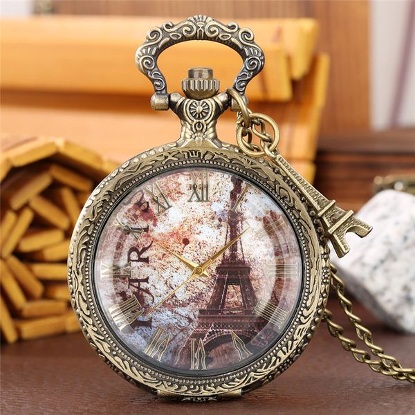 

bronze style paris cover pocket watch men women quartz analog display clock with pendant tower necklace chain collectable souvenir, Slivery;golden