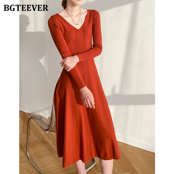 

vintage v-neck slim waist female a-line knitted dress long sleeve solid ladies sweater vestidos 2021 autumn women dress, Black;gray