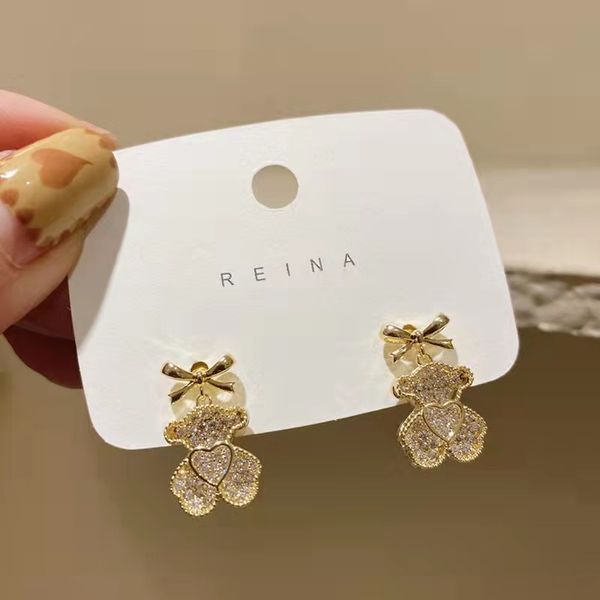 

south korea dongdaemun bear stud diamond earrings niche design sweet and cute earrings personality simple wholesale, Golden;silver