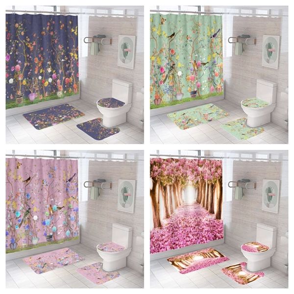 Chinesischer Stil Blumen- und Vogelbaum-Duschvorhang-Set, bedruckter Stoff, Toilettendeckel-Abdeckung, Matte, Teppich, Bad, 3D-Badezimmer-Dekor, Haken 220429