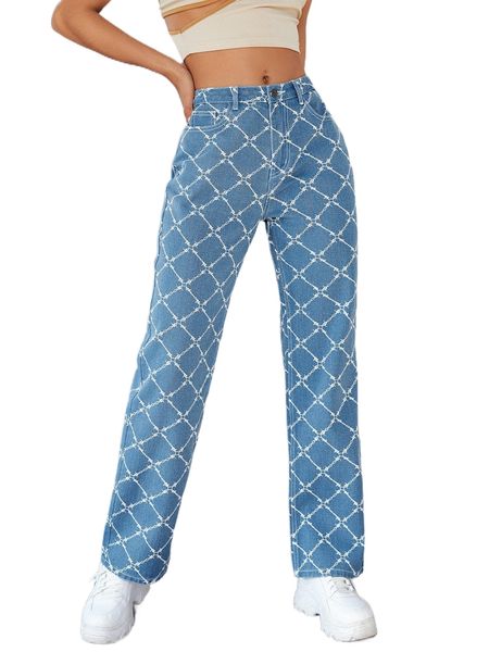 

geo print straight leg jeans g4to#, Blue