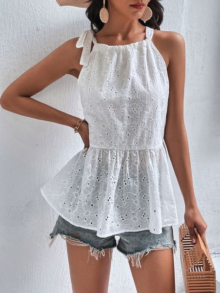 

eyelet embroidery knot shoulder peplum blouse e11d#, White