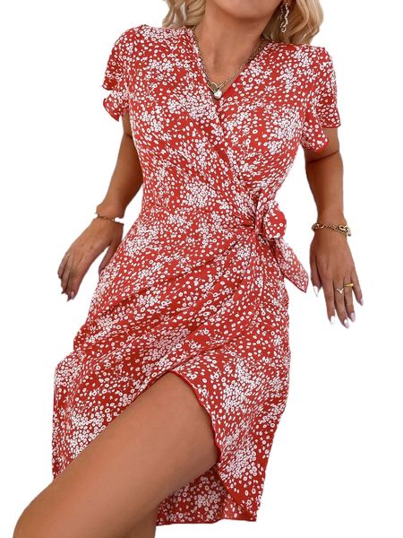 

ditsy floral print tie side wrap dress q78l#, Black;gray