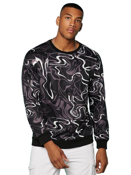 

men marble print drop shoulder pullover l6ok#, Black