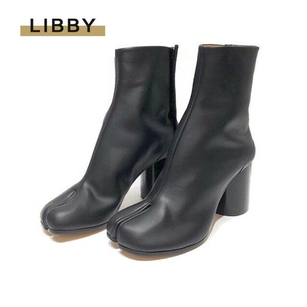 

brand design fashion split toe genuine leather women chunky round high heels women boots winter tabi shoes short boots 220815, Black