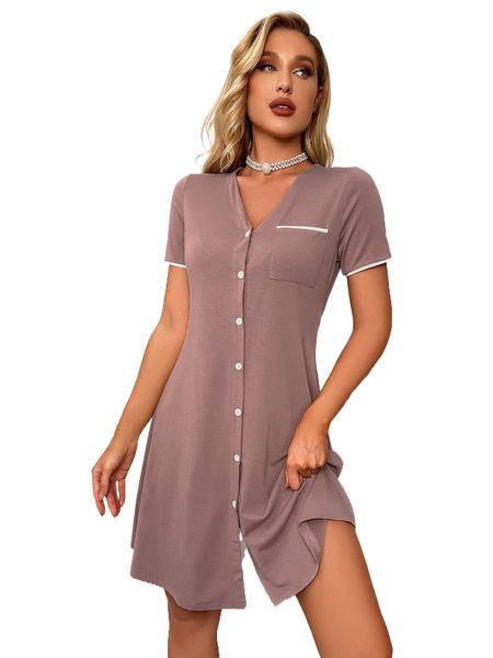 

contrast binding pocket front night dress u706#, Black;red