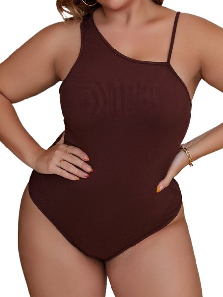 

plus asymmetrical neck ribbed knit bodysuit k1zo#, Black