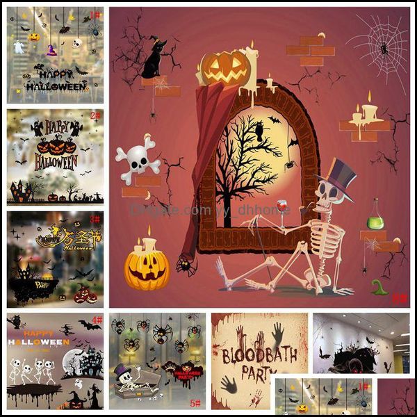 Adesivi murali 2 pezzi Adesivo per finestra di Halloween Zucca Skl Bat Glass Door Ba Dhgh4