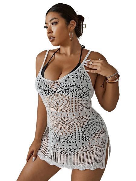 

plus hollow out slit hem cover up without bikini set d3m8#, Black