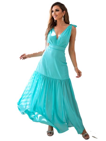 

joyfunear tie shoulder ruffle hem split thigh dress r6hz#, Black;gray