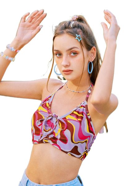 

romwe y2k revival all over print drawstring halter bikini d7jd#, White;black
