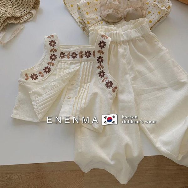 

sets shirts pants elastic waist o-neck collar sleeveless pullover ankle length fashion modern simple casual summer kids girls, White