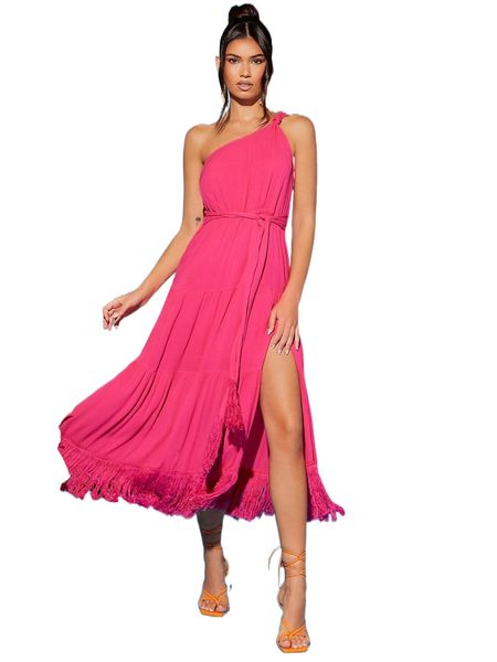

one shoulder fringe trim ruffle hem split thigh belted dress i3sp#, Black;gray
